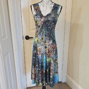 Peacock Print Sleeveless Midi Dress